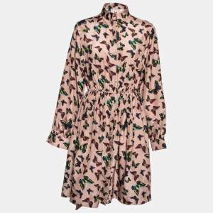 Pre Owned Alaia Beige Butterfly Printed Silk Cinched Waist Dress M 