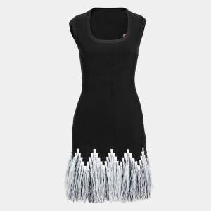 Alaia Black Stretch Knit Sleeveless Raffia Fringed Dress L