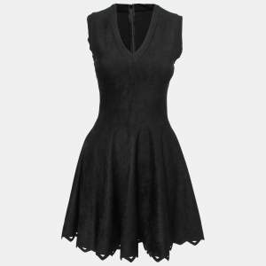 Pre Owned Alaia Black Blush Velvet Laser Cut Hem Detail Sleeveless Dress M