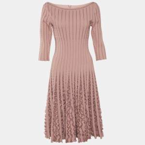 Alaia Light Pink Patterned Knit Ruffle Detail Midi Dress L