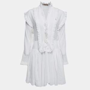 Alaia White Dotted Cotton Long Sleeve Ruffled Mini Dress M
