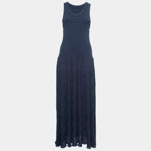 Alaia Navy Blue Patterned Knit Sleeveless Maxi Dress L