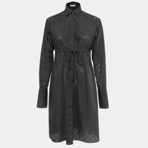 Alaia Black Perforated Cotton Blend Button Front Midi Shirt Dress S  