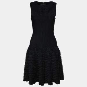 Alaia Black Wool Knit Tulle Detail Sleeveless Midi Dress M
