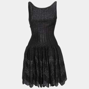 Alaia Black/Metallic Striped Lurex Knit Skater Mini Dress M