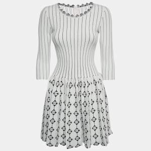 Alaia White/ Black Intarsia Stretch Knit Flared Midi Dress M