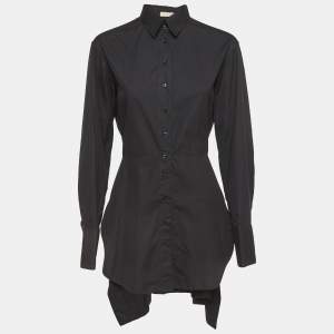 Alaia Black Gathered Cotton Long Sleeve Mini Shirt Dress L