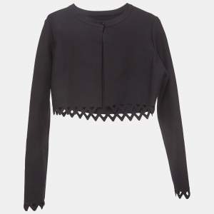 Alaia Black Knit Scallop Cut-Out Hem Cropped Cardigan L