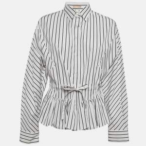 Alaia White/Black Pinstripe Cotton Cinched Waist Shirt L