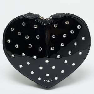 Pre Owned Alaia Black Patent Leather Le Coeur Crystals Crossbody bag