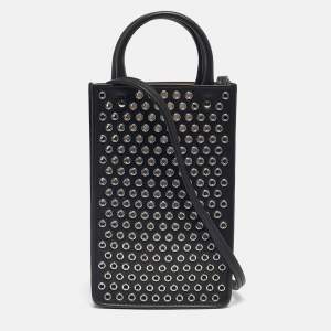 Pre Owned Alaia Black Leather Eyelet Embellished Phone Crossbody Bag