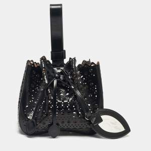 Pre Owned Alaia Black Laser Cut Leather Small Rose Marie Bucket Bag