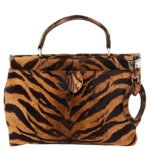 Alaia Brown Tiger Print Calfhair Frame Top Handle Bag