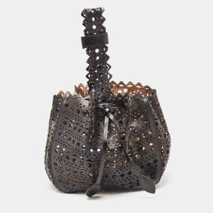 Alaia Black Laser Cut Leather Small Rose Marie Bucket Bag
