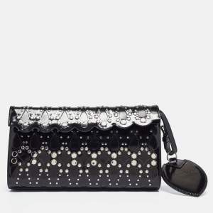 Alaia Black Patent Leather Studded Flap Clutch 