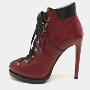 Alaia Burgundy Leather Lace Up Platform Booties Size 39.5