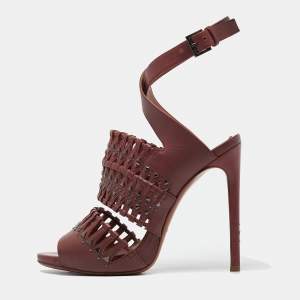 Alaia Burgundy Leather Studded and Laser Cut Ankle Strap Sandals Size 37