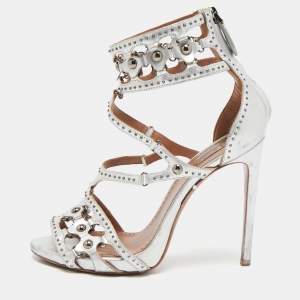 Alaia Silver Leather Cut Out Studded Ankle Strap Sandals Size 38.5