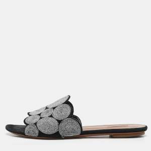 Alaia Black/Silver Glitter and Suede Flat Slides Size 40