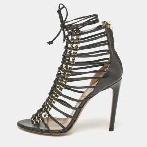 Alaia Black Leather Ankle Tie Sandals Size 37.5