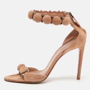Alaia Beige Suede Studded Bombe T-Strap Ankle Cuff Sandals Size 38.5