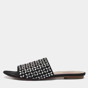 Alaia Black Suede Embellished Flat Slides Size 36.5