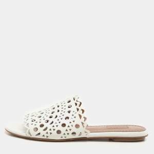 Alaia White Leather Vienne Flat Slide Size 38