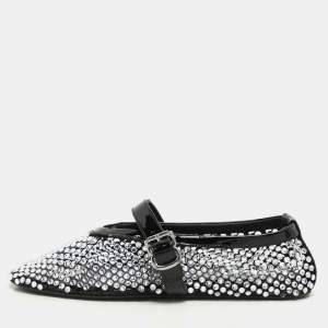 Alaia Silver/Black Crystal Embellished Mesh and Patent Leather Ballet Flats Size 36