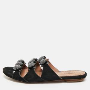 Alaia Black Suede Bombe Flat Slides Size 38 