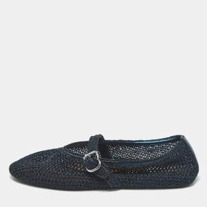 Pre Owned Alaia Black/Navy Blue Mesh and Leather Mary Jane Ballet Flats Size 42