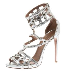 Alaia Metallic Silver Studded Leather Cutout Cage Sandals Size 38