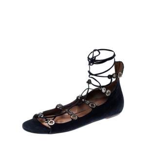 Alaia Blue Suede Eyelet Detail Tie Up Flat Sandals Size 41