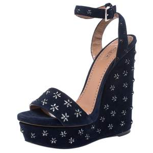 Alaia Navy Blue Floral Cutout Studded Suede Platform Wedge Sandals Size 41