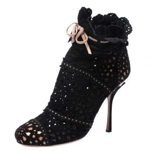 Alaia Black Laser Cut Suede Peep-Toe Ankle Bow Booties Size 40