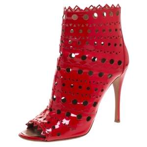 Alaia Red Laser Cut Patent Leather Peep-Toe Ankle Booties Size 39
