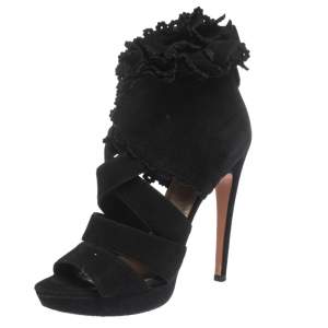 Pre Owned Alaia Black Suede Ruffle Accented Strappy Platform Sandals Size 38
