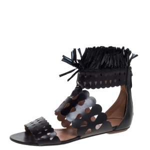 Alaia Black Leather and Straw Cut Out Fringes Flat Sandals Size 39
