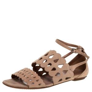 Pre Owned Alaia Beige Laser Cut Suede Open Toe Flat Sandals Size 38.5