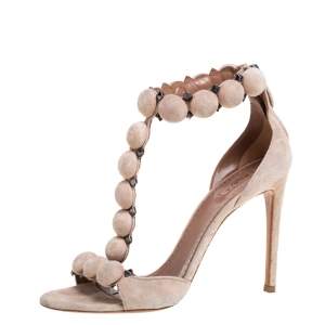 Pre Owned Alaia Beige Suede Studded 'Bombe' T-Strap Ankle Cuff Sandals Size 38.5