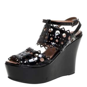 Alaia Black Patent Leather Cutout Platform Wedge Slingback Sandals Size 35