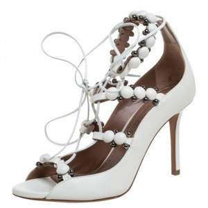 Alaia White Leather Studded Lace Up  Open Toe Sandals Size 35