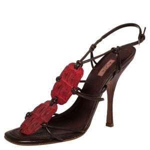 Pre Owned Alaia Red/Brown Croc Leather And Leather Strappy Sandals Size 39