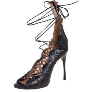 Pre Owned Alaia Black Laser Cut Leather Gladiator Ankle Wrap Sandals Size 37