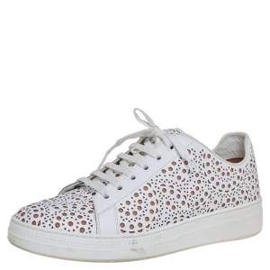 Alaia White Laser Cut Leather Lace Up Sneakers Size 40