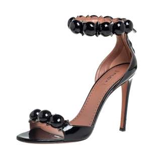 Pre Owned Alaia Black Patent Leather Chamois Bombe Ankle Cuff Sandals Size 37.5