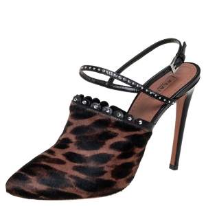 Alaia Brown Leopard Print Calf Hair And Studded Leather Slingabck Sandals Size 39