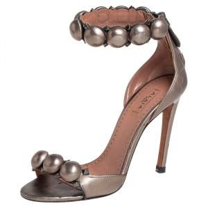 Alaia Metallic Grey Bombe Ankle Cuff Sandals Size 35