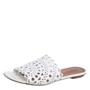 Alaia White Laser Cut Leather Slide Sandals Size 41
