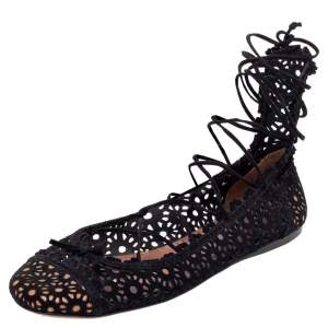Pre Owned Alaia Black Suede Laser Cut Lace up Ballet Flats Size 38.5