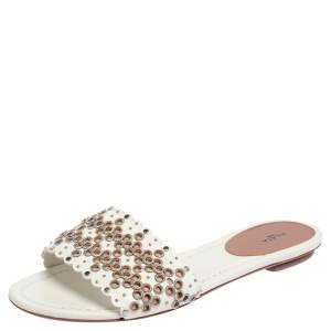 Pre Owned Alaia Off White Leather  Braided Eyelet Sandals Size 38